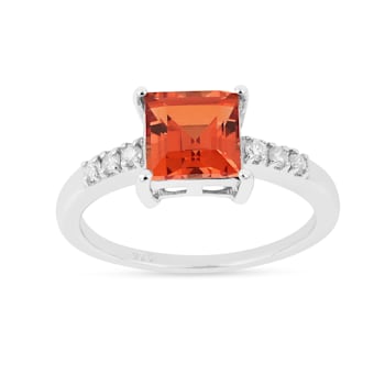 Peach Orange Lab Created Padparadscha Sapphire Rhodium Over Sterling
Silver with Moissanite Ring