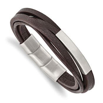 Brown Faux Leather and Stainless Steel Brushed Brown Multi-Strand with
0.5-inch Extension Bracelet