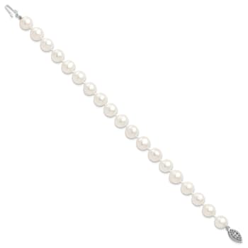Rhodium Over Sterling Silver 9-10mm White Freshwater Cultured Pearl Bracelet