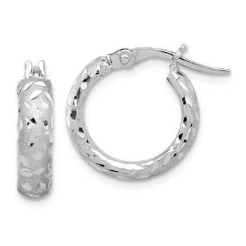 Rhodium Over 14k White Gold Satin and Diamond-Cut 11/16" Hoop Earrings