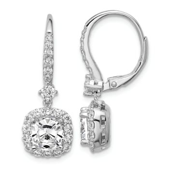 Rhodium Over Sterling Silver Cushion-cut Cubic Zirconia Halo Dangle
Leverback Earrings