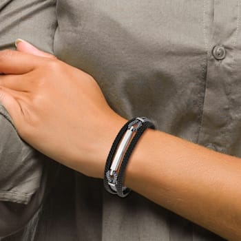 Black Leather and Stainless Steel Polished Multi Strand 8.25-inch ID Bracelet