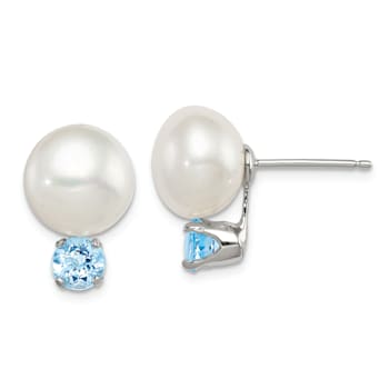 Sterling Silver 10-11mm Freshwater Cultured Button Pearl with Blue Topaz Earrings