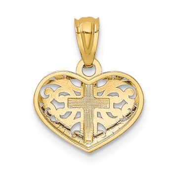 14K Two-tone Gold Textured Diamond-Cut Cross in Heart Pendant