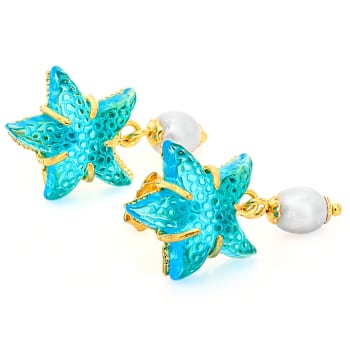 Blue Venetian Glass And Pearl Starfish Earrings In 18K Gold Over
Sterling Silver