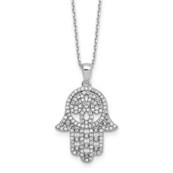 Rhodium Over Sterling Silver Polished Cubic Zirconia Hamsa Necklace