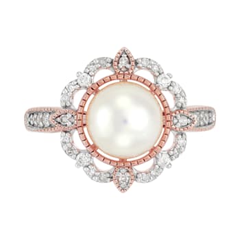8-8.5mm Round White Freshwater Pearl with 0.20ctw Diamond 10K Rose Gold
Flower Ring