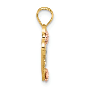 14K Tri-color Gold Polish Love Floral And Bird Heart Pendant