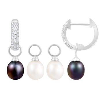 7-8mm White Black Cultured Freshwater Pearl and Cubic Zirconia Rhodium
Over Sterling Silver Earrings
