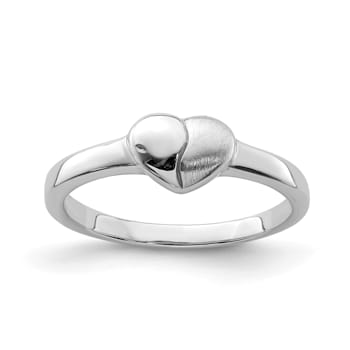Rhodium Over Sterling Silver Polished and Satin Heart Ring