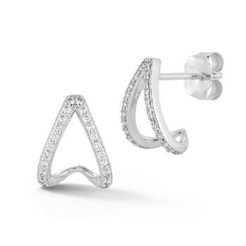 Rachel Zoe CZ Pave J-Hoop Stud Earrings in Rhodium Over Sterling Silver