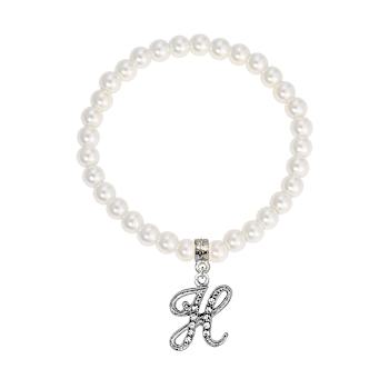 White Faux Pearl Bead Initial Charm Stretch Bracelet