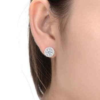 CZ Halo Stud Earrings In 14K Gold Over Sterling Silver