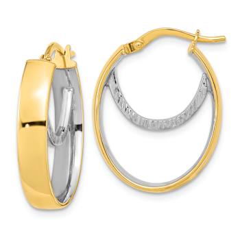 14K Two-tone Gold Polished and Diamond-Cut 15/16" Fancy Oval Hoop Earrings