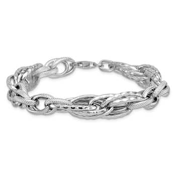 Rhodium Over Sterling Silver Polished and Textured Fancy Link Bracelet