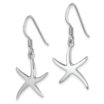 Rhodium Over Sterling Silver Polished Starfish Dangle Earrings