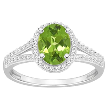8x6mm Oval Peridot 1/4 ctw Diamond Rhodium Over Sterling Silver Halo Ring