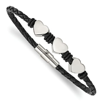 Black Leather and Stainless Steel with Polished Hearts 7.5-inch Bracelet