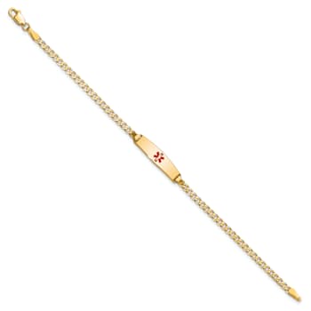 14k Yellow Gold Medical Soft Diamond Shape Red Enamel Curb link ID Bracelet