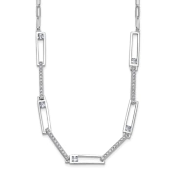 Rhodium Over Sterling Silver Fancy Cubic Zirconia Paperclip Link Necklace