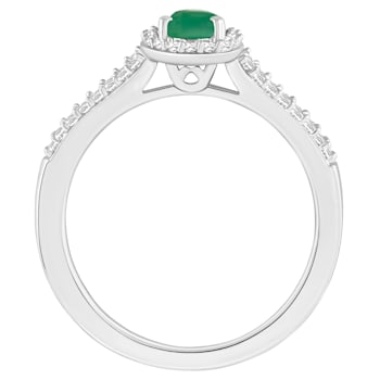6x4mm Oval Emerald 1/4 ctw Diamond Rhodium Over Sterling Silver Halo Ring