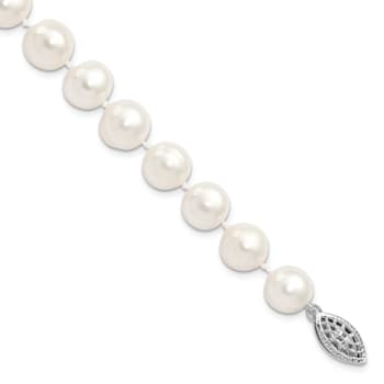Rhodium Over Sterling Silver 9-10mm White Freshwater Cultured Pearl Bracelet