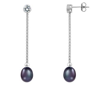 7.5-8mm Black Cultured Freshwater Pearl Rhodium Over Sterling Silver Earrings