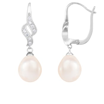 7-7½mm White Cultured Freshwater Pearl and Cubic Zirconia Rhodium Over
Sterling Silver Earrings