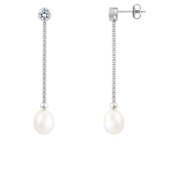 7.5-8mm White Cultured Freshwater Pearl Rhodium Over Sterling Silver Earrings