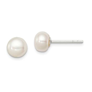 Sterling Silver White Freshwater Cultured Pearl 6-7mm Button Earrings