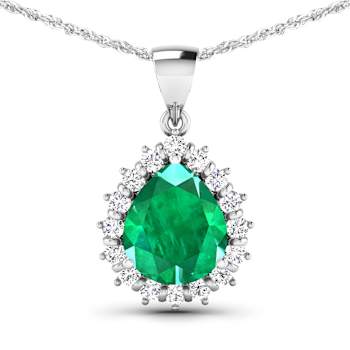 Green Zambian Emerald andWhite Diamond 14K White Gold Pendant with 18
inch Cable Chain 2.85ctw