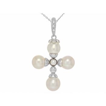 Akoya Pearl And White Sapphire Pendant In Sterling Silver 0.03ctw