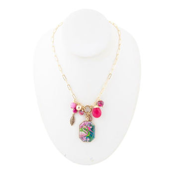 Barse Jewelry Pink Agate & Multi-Gemstone Gold Tone Flamingo Charm Necklace