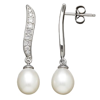 8-9mm Off-Round White Freshwater Pearl and White Sapphire Sterling
Silver Drop Earrings