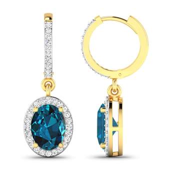 2.20ctw 14K Yellow Gold London Blue Topaz  and White Diamond Halo Earrings