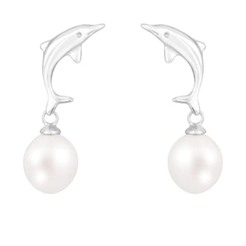 7-8mm white cultured freshwater pearl rhodium over sterling silver earrings