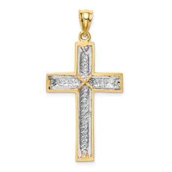 14K Yellow and White Gold Polished and Diamond-cut Cross Pendant