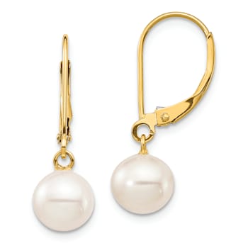 14K Yellow Gold 7-8mm White Round Freshwater Cultured Pearl Leverback Earrings