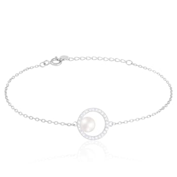 6-6.5mm White Cultured Freshwater Pearl Silver  Bracelet