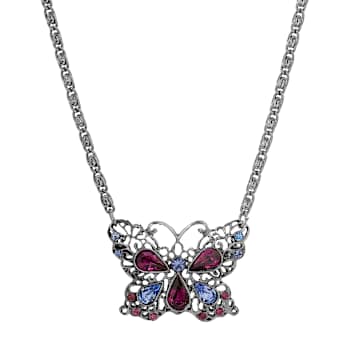 White Base Metal Purple & Lt Blue Butterfly Necklace 16" Adj.