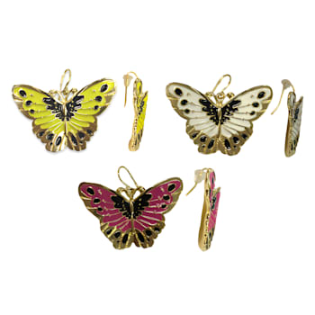 3 Pack Gold Tone White, Yellow and Pink Enamel Butterfly Earrings