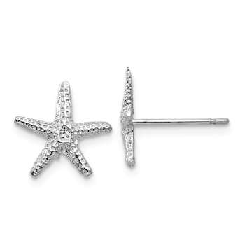 Rhodium Over 14K White Gold Textured 11mm Starfish Stud Earrings