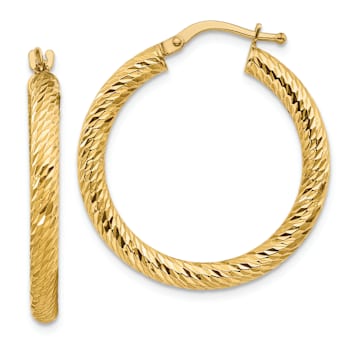 14k Yellow Gold 1 1/8" Diamond-Cut Round Hoop Earrings