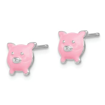 Rhodium Over Sterling Silver Enamel Pig Child's Post Earrings