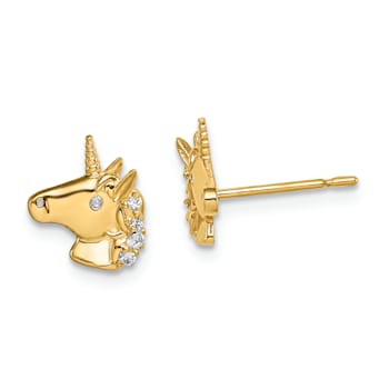 14K Yellow Gold Unicorn Cubic Zirconia Stud Earrings