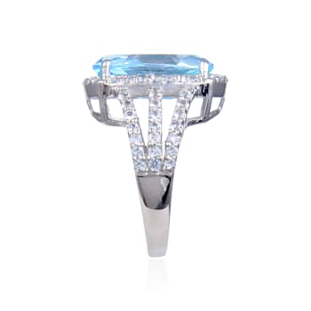 Blue and White Topaz Sterling Silver Halo with Split Shank Cocktail
Ring, 9.33ctw