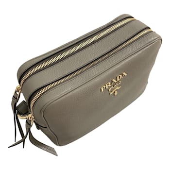 Prada Argilla Grey Vitello Phenix Leather Double Zip Crossbody Bag