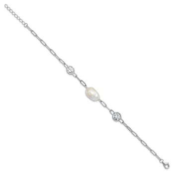 Rhodium Over Sterling Silver Cubic Zirconia and Pearl Link with
0.75-inch Extension Bracelet