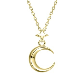 Celestial Crescent Moon And Star Drop Necklace In 14K Gold Over Brass