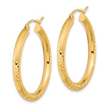 14k Yellow Gold Polished Satin and Diamond-cut 1 1/4" Hoop Earrings
